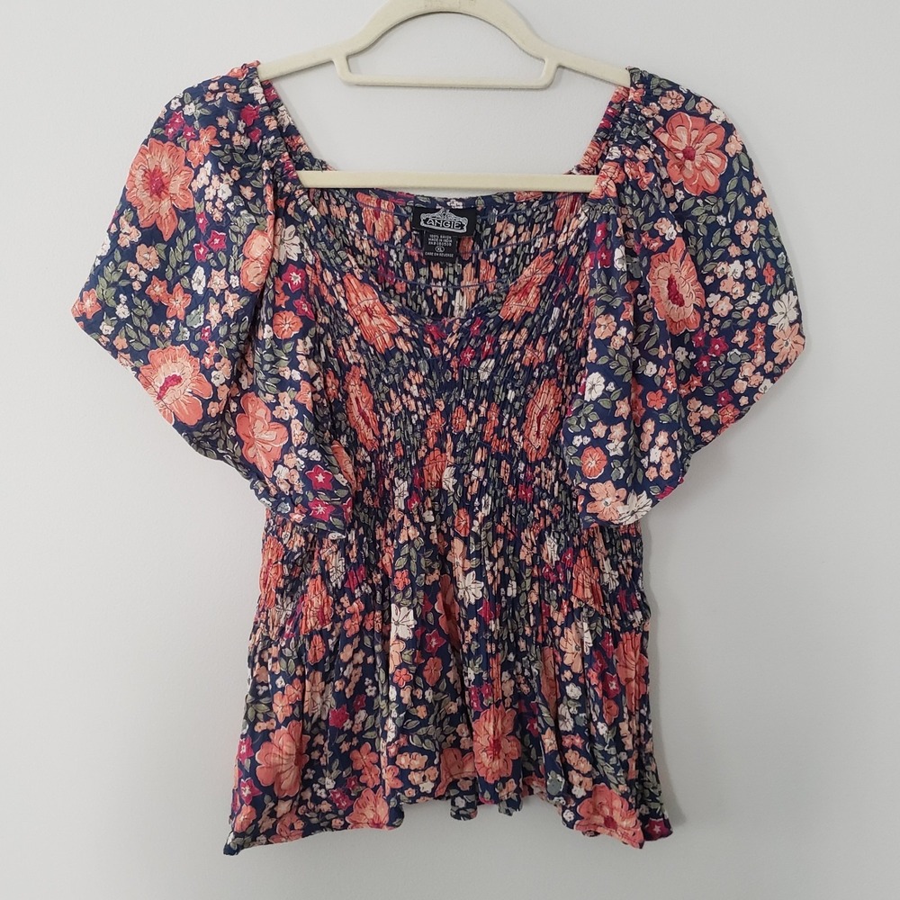 Angie Boho Floral Top XL Concert Cottagecore Hippie Peasant Indie Smocked‎ Flowy